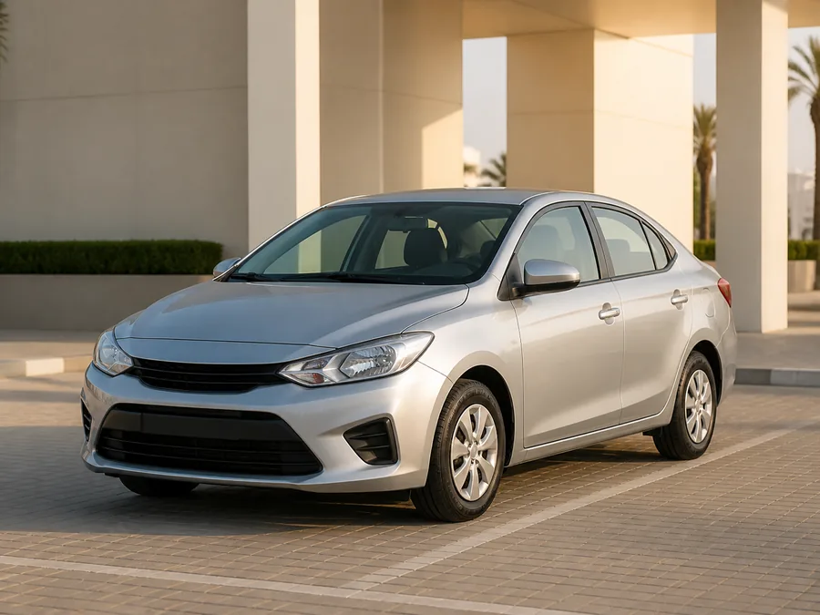 Silver economy sedan at a modern UAE rental forecourt