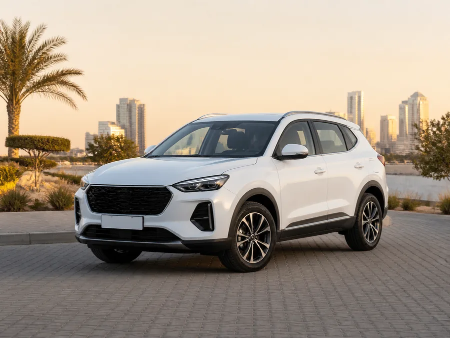 White crossover SUV in a landscaped UAE setting